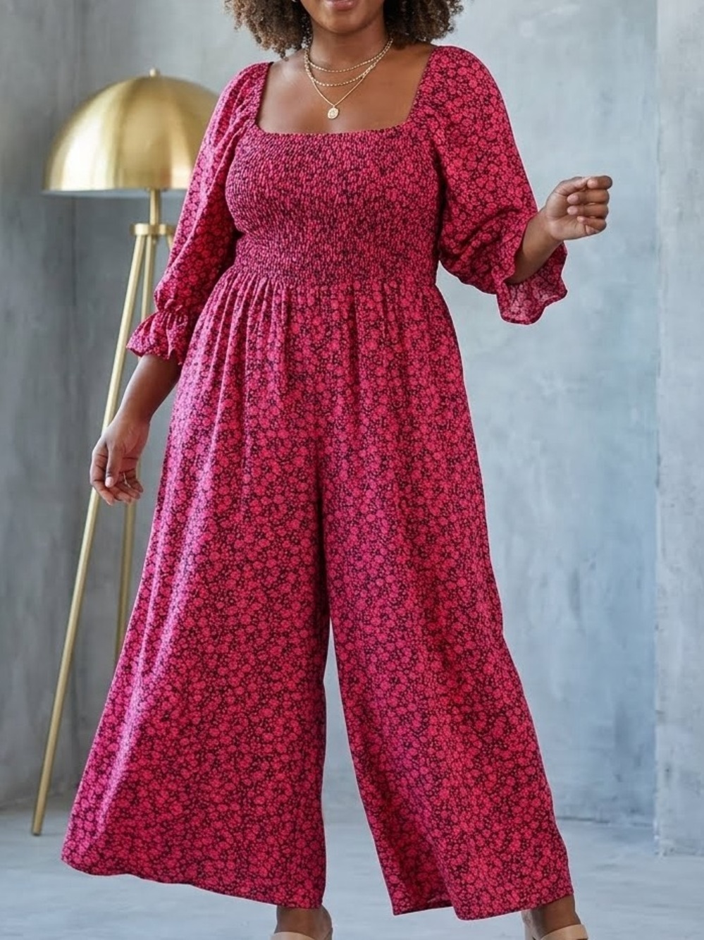Floral Smocked Wide-Leg‎ Jumpsuit 3x Plus Size Coquette Bold Brights Comfortcore